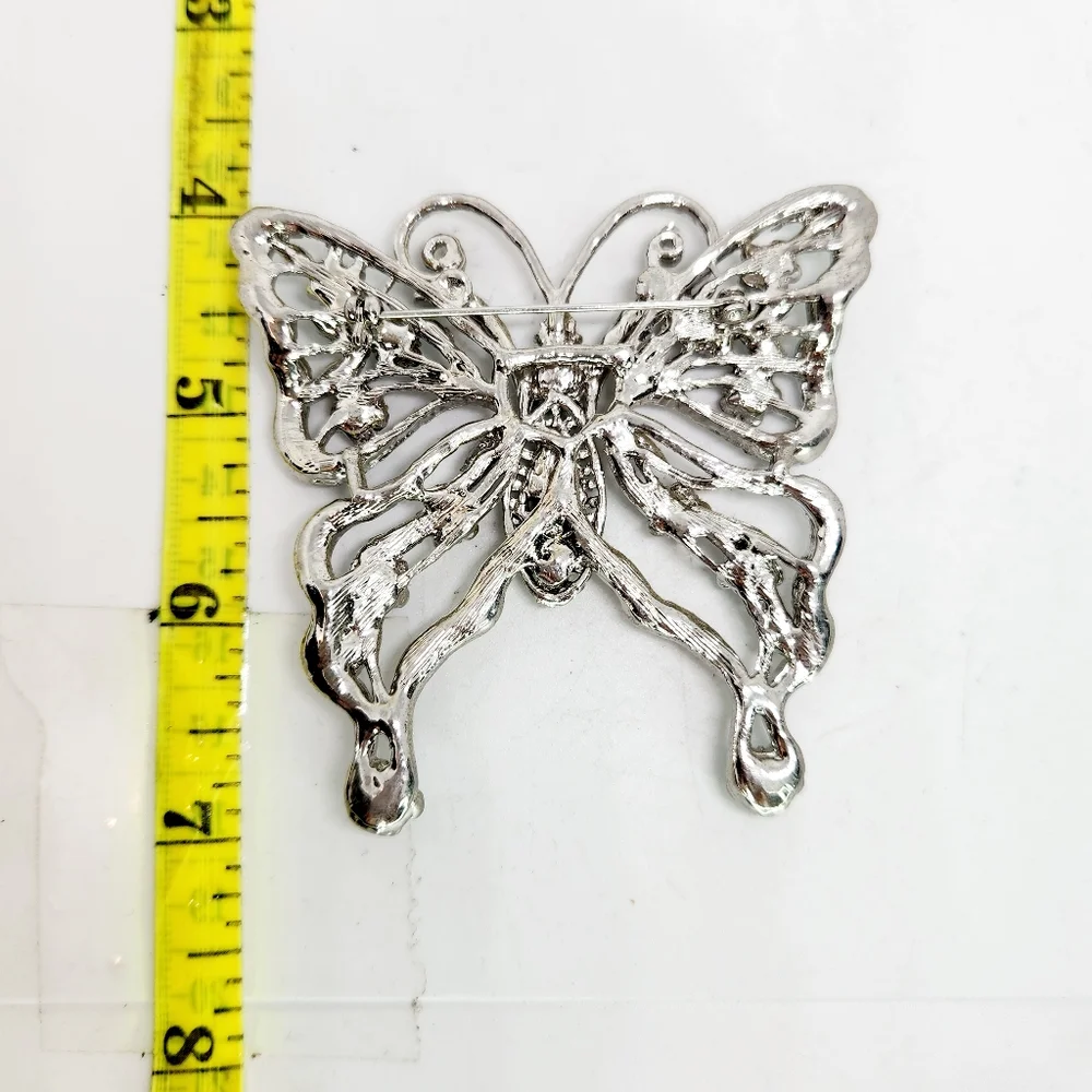 Vtg Large Silver Tone Pastel AB Rhinestone Crystal Butterfly Insect Brooch Pin - Picture 6 of 6